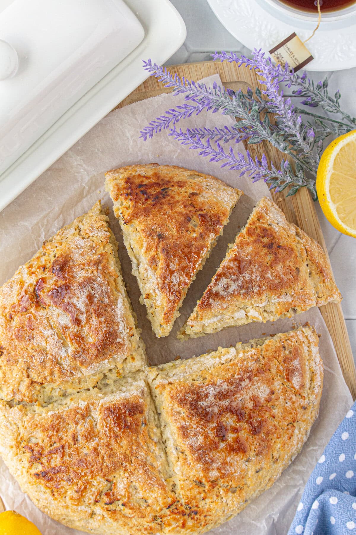 Overhead view of lemon lavender soda bread.