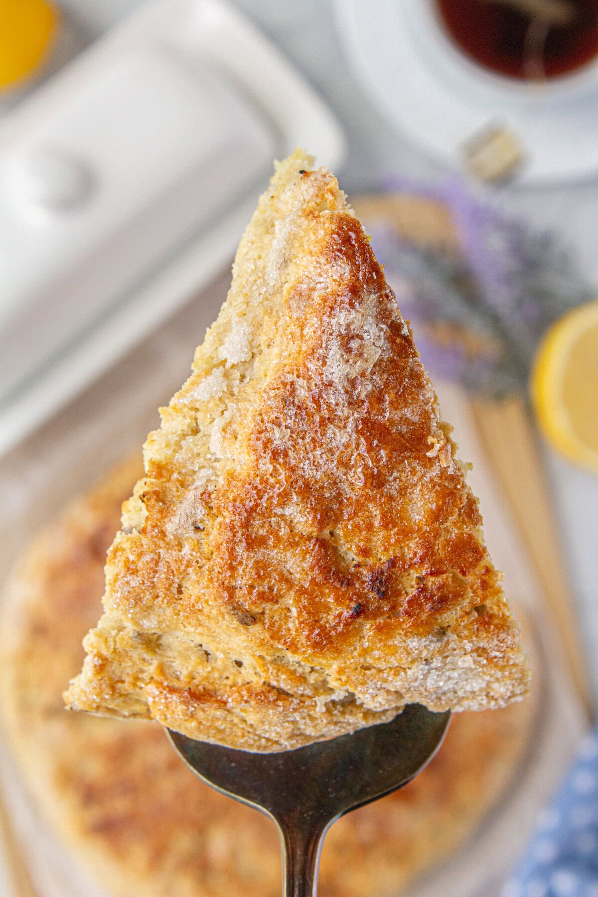 Cut piece of lemon lavender soda bread being served.