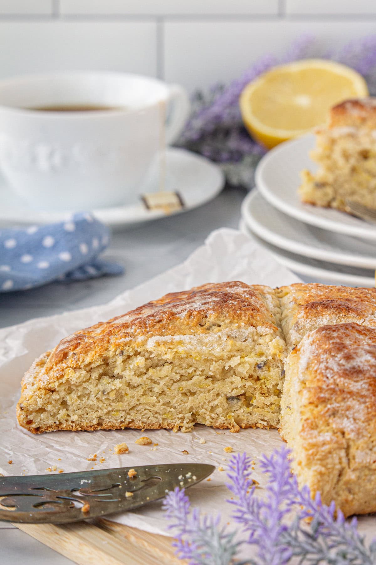 Side view of cut piece of lemon lavender soda bread.