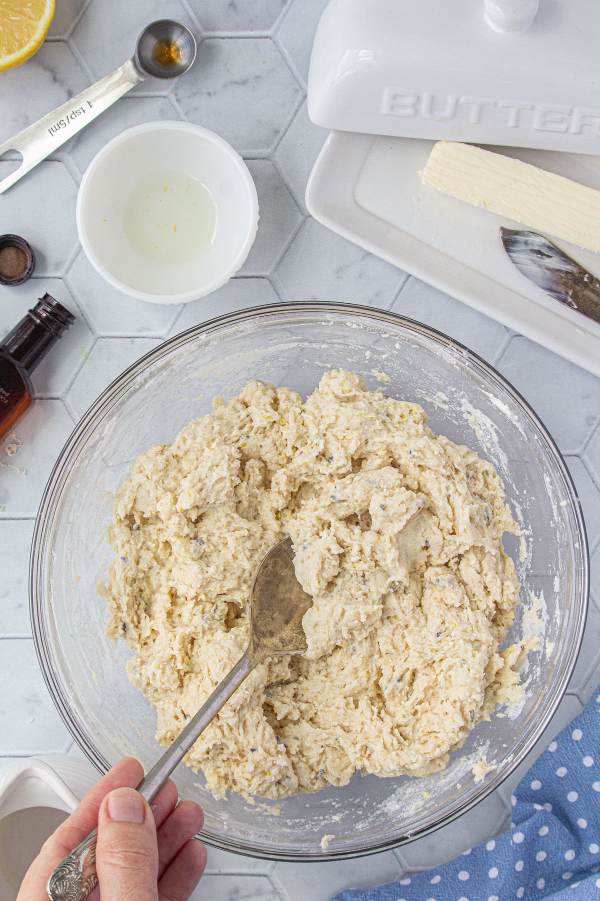 Dough being stirred together.