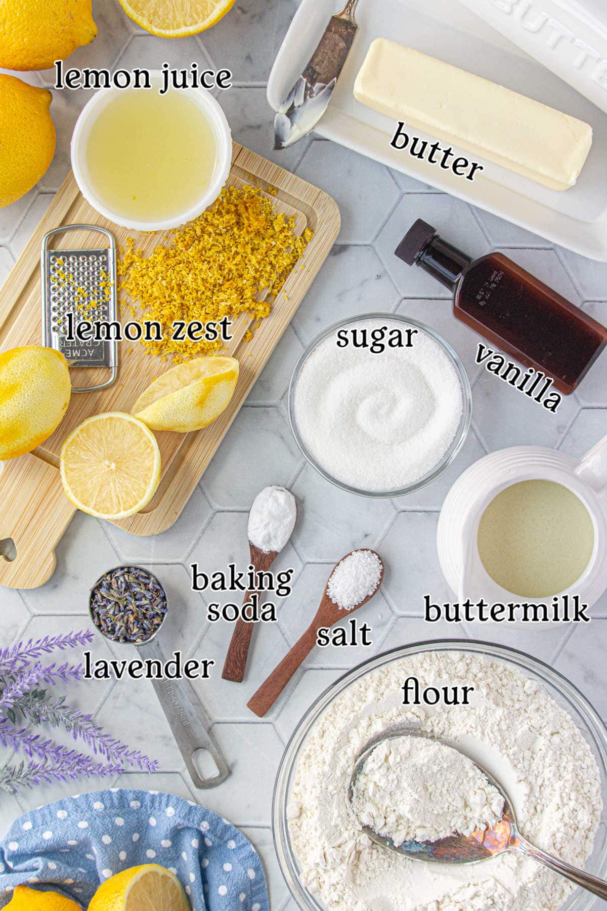 Labeled ingredients for lemon lavender soda bread.