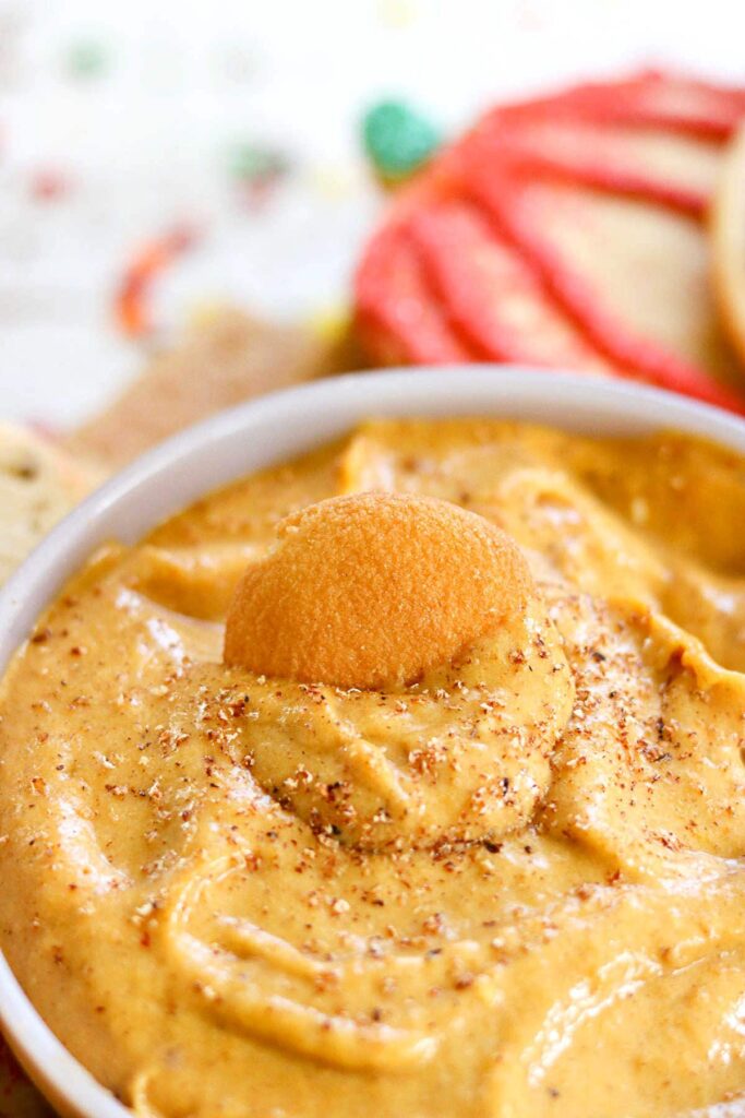 Closeup of pumpkin dip in a bowl.