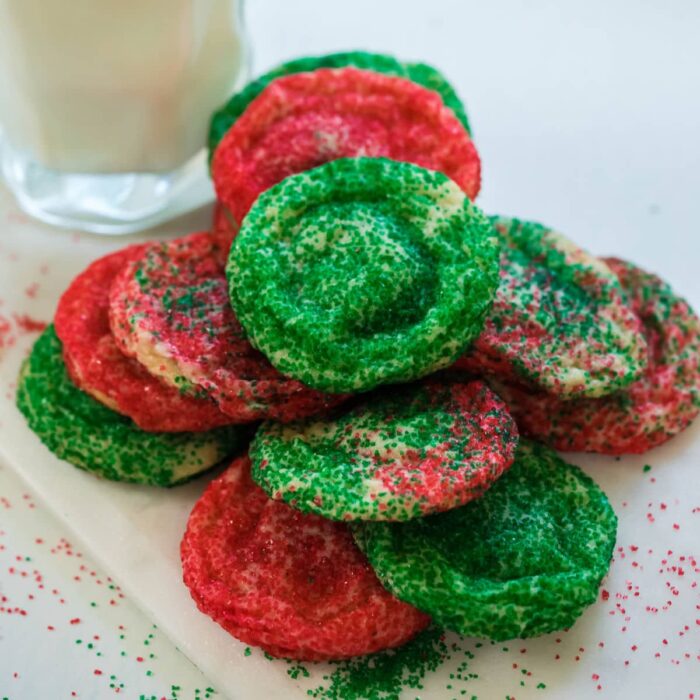 Easy 3 ingredient Rolo cookies with holiday sugar sprinkles.