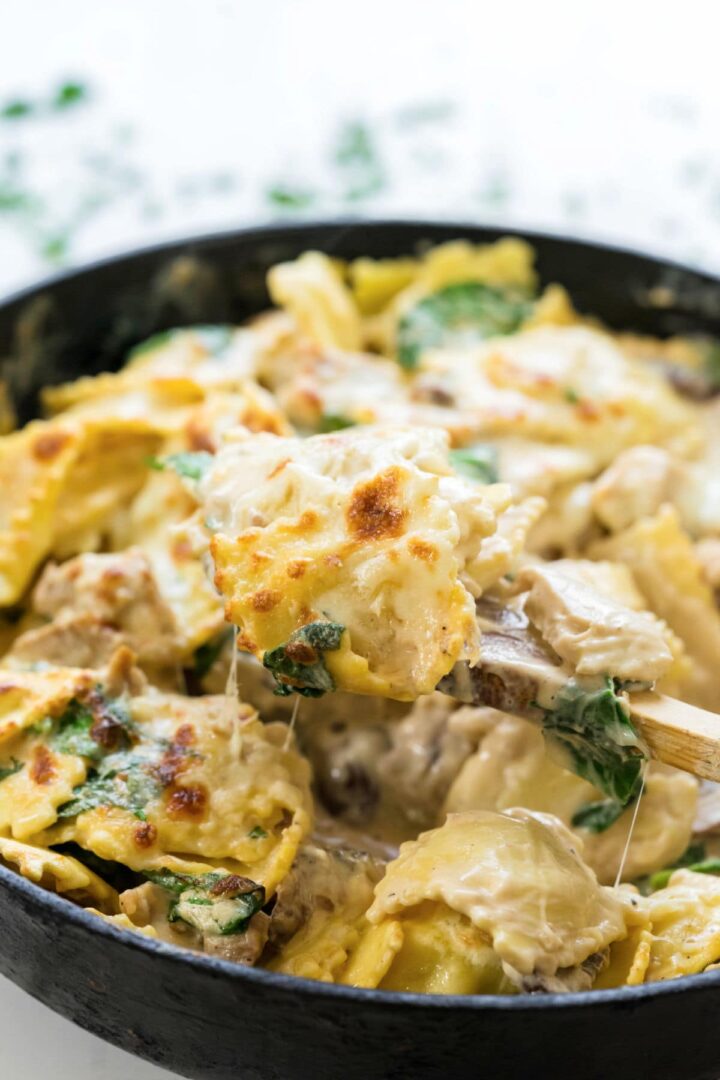 15 Minute Chicken Alfredo Ravioli Skillet Casserole - Restless Chipotle