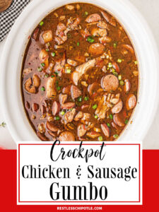 Gumbo in a crockpot. Cover image for Chicken & Sausage Gumbo Web Story