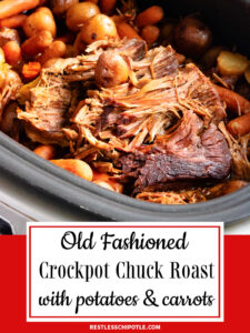 Finished roast in a slow cooker. Cover image for Crockpot Chuck Roast webstory.