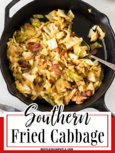 Fried cabbage in a skillet with text overlay for webstory.