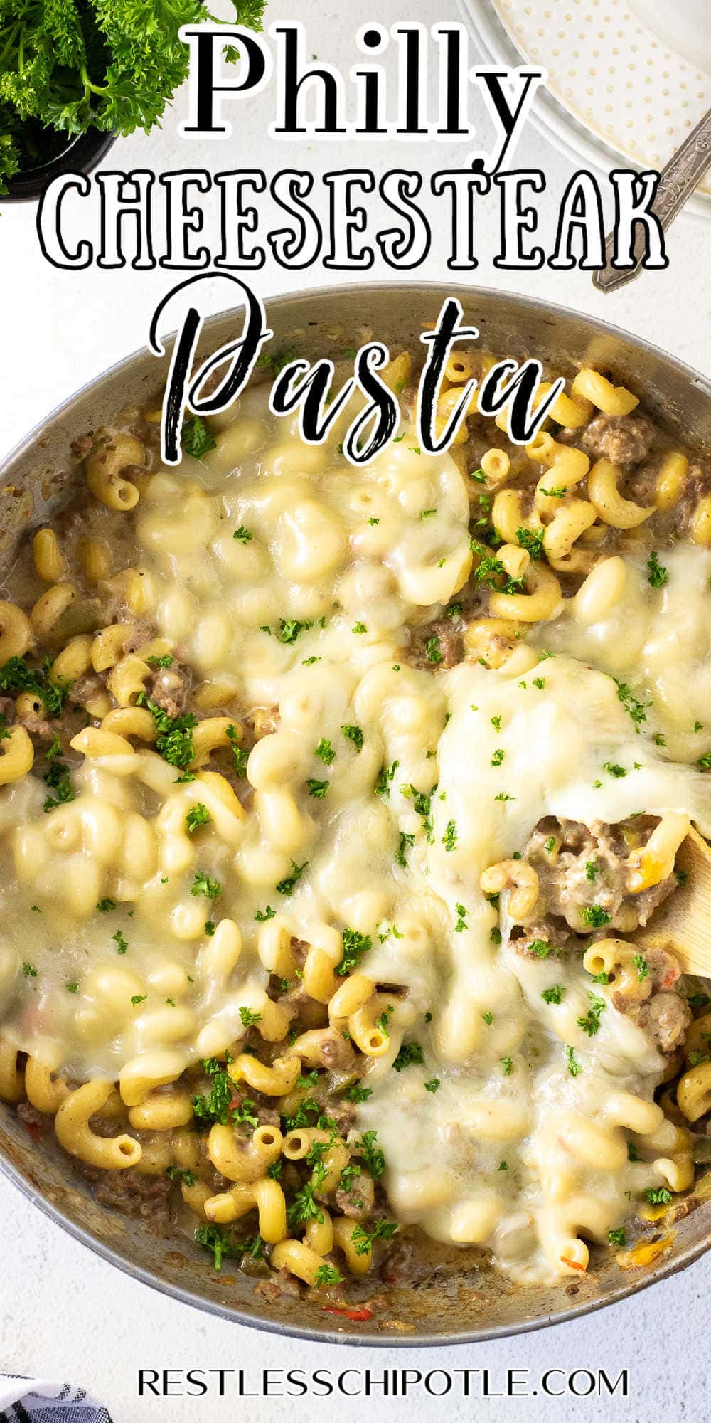 One Pot Philly Cheesesteak Pasta | Restless Chipotle