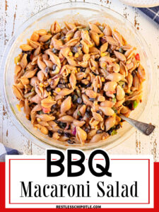 Overhead view of a bowl of macaroni salad with a text overlay.Cover images for BBQ Macaroni Salad Story.