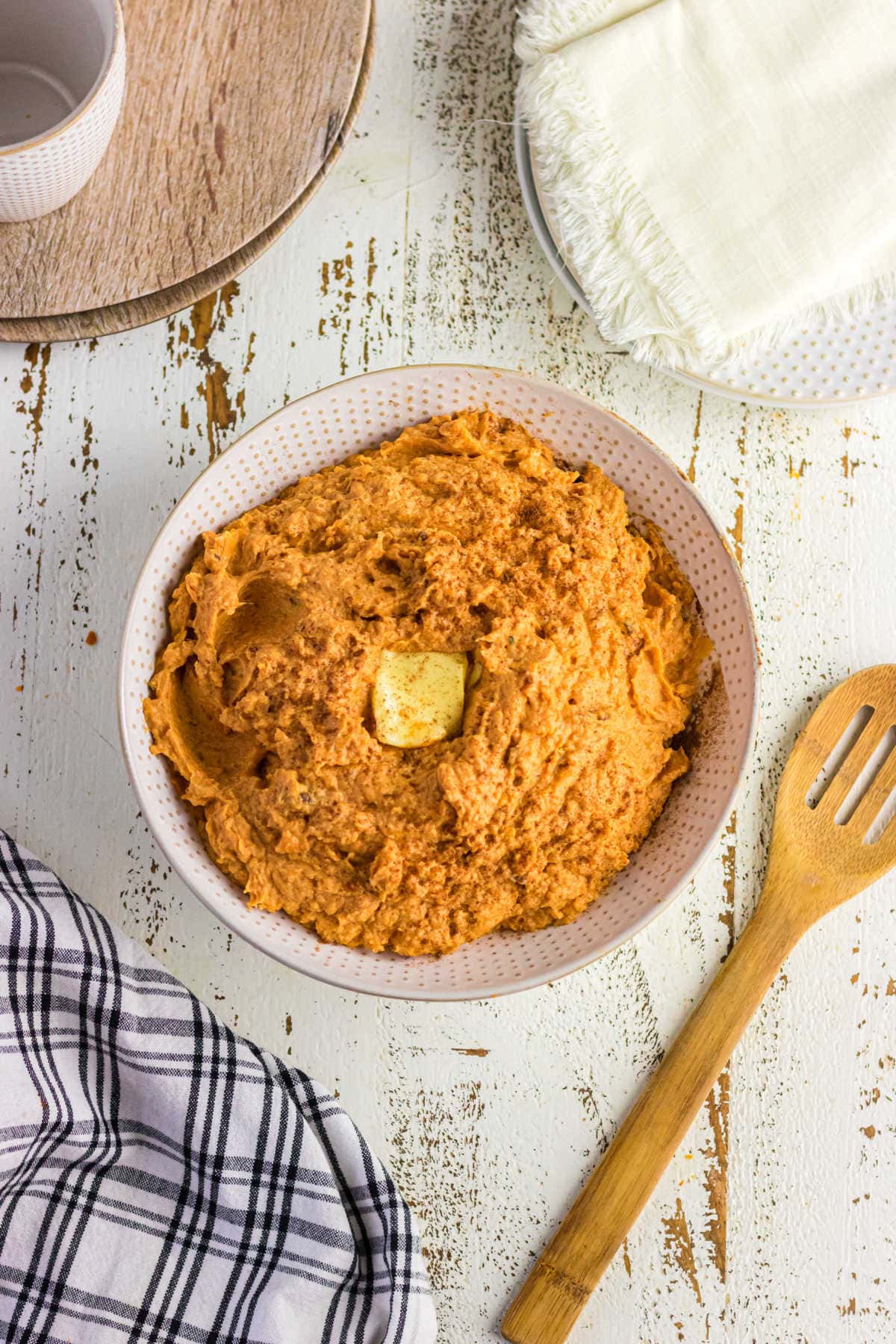 Overhead view of sweet potatoes in a bowl.