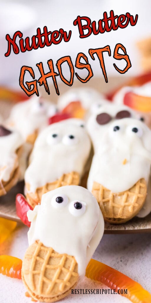 A closeup of the ghost cookies with text overlay for Pinterest.