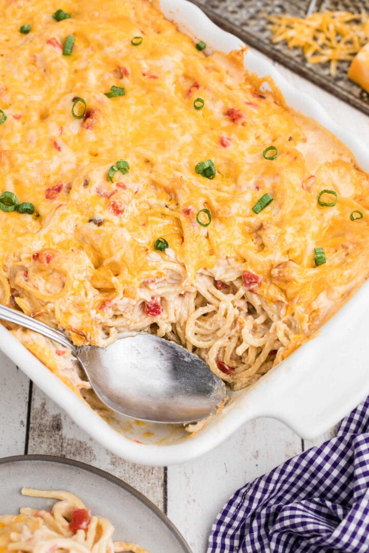 Cream Cheese Chicken Spaghetti Casserole with Rotel - Restless Chipotle