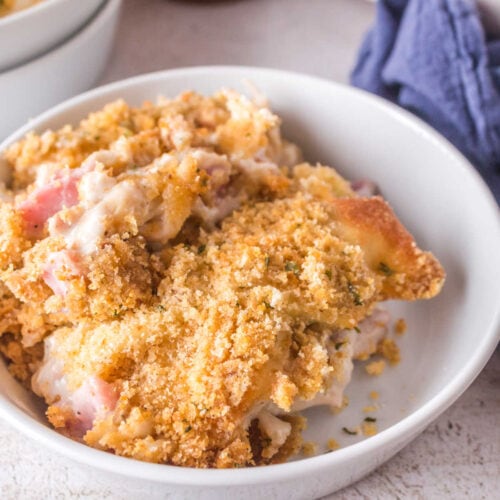 A serving of cordon bleu casserole in a bowl.