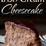 A slice of cheesecake with a text overlay for Pinterest.
