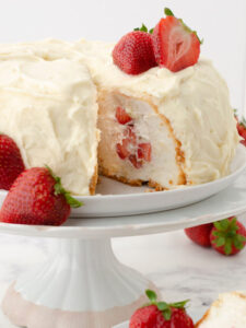 Closeup of strawberry angel food cake.