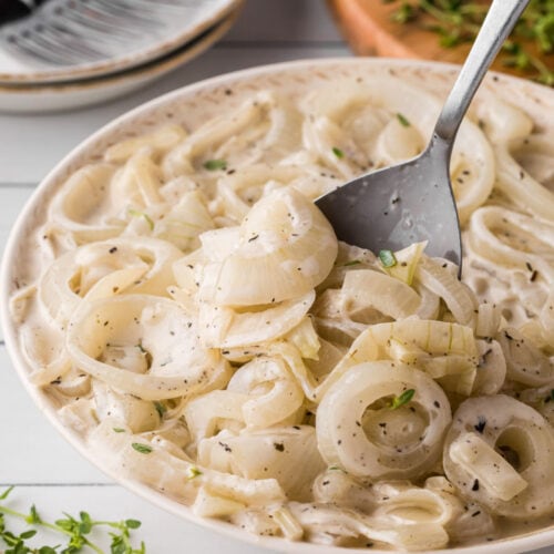 Closeup of a bowl of creamed onions.