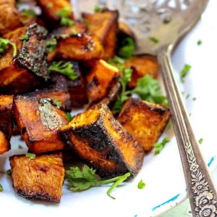 Sweet Spicy Cinnamon Roasted Sweet Potato Cubes - Restless Chipotle