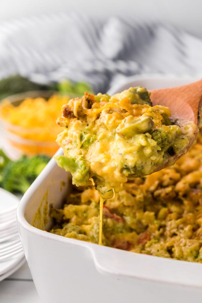 Broccoli and stuffing casserole being served.