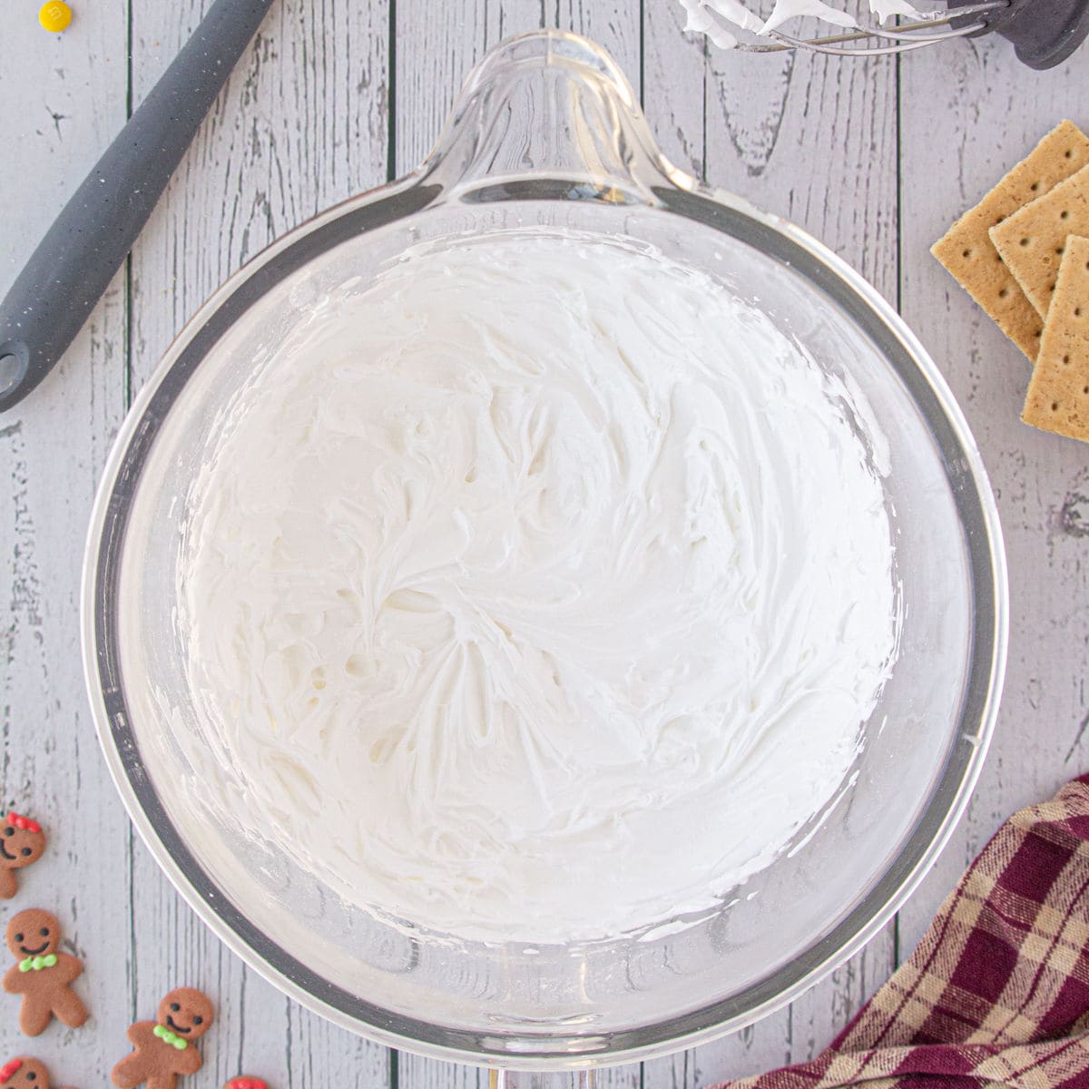 Overhead view of a bowl of royal icing.