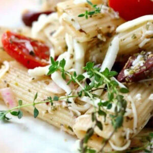 Closeup of pasta salad.