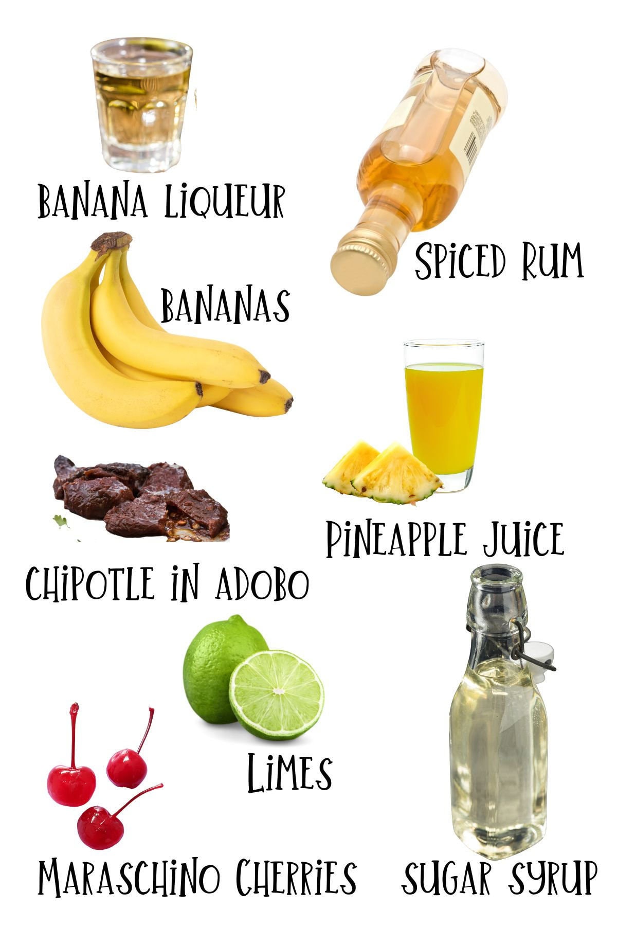 Labeled ingredients for banana daiquiris.