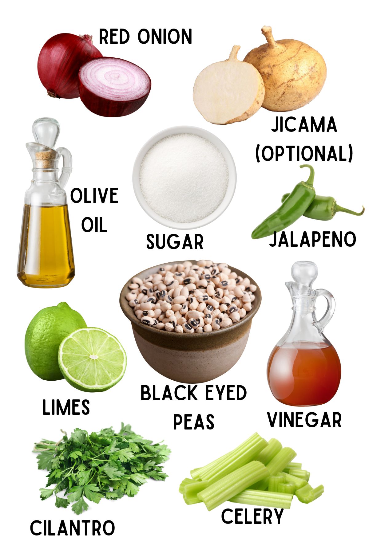 Labeled ingredients for black eyed pea salad.