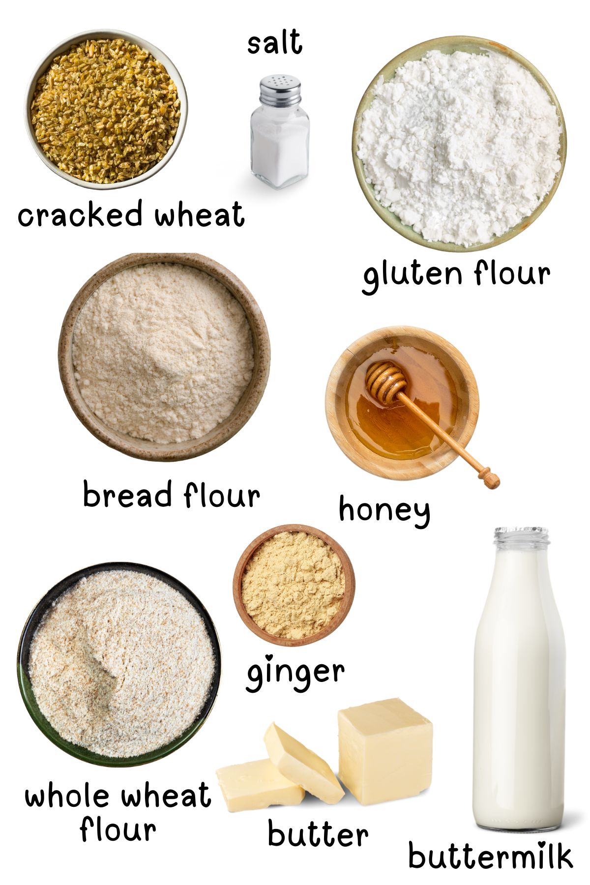 Labeled ingredients for cracked wheat bread on a white background.