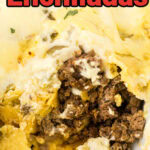 Closup of green chile enchiladas with title text overlay for Pinterest.
