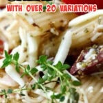 Closeup of pasta salad with a title text overlay for Pinterest.