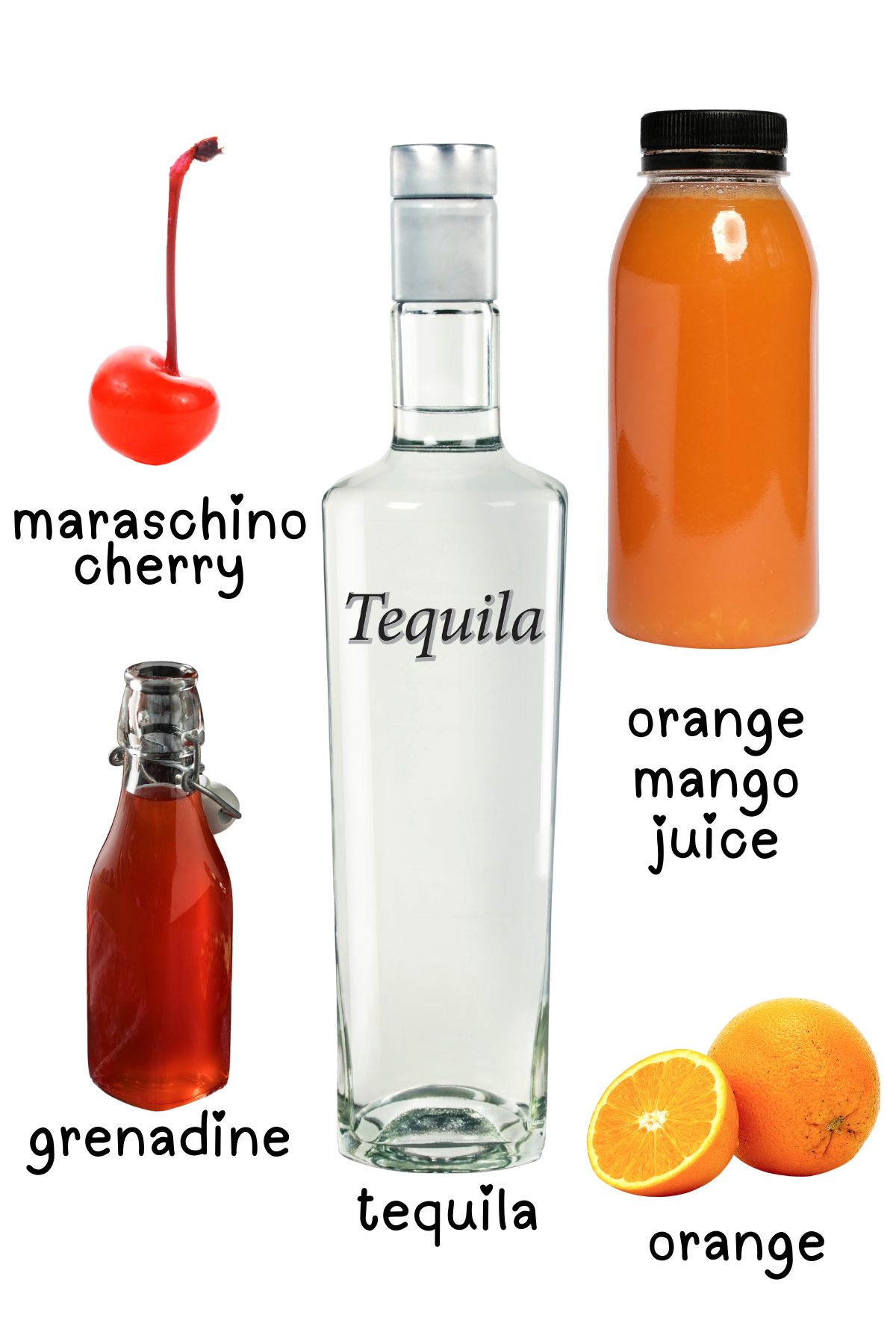 Labeled ingredients for a mango tequila sunrise on a white background.
