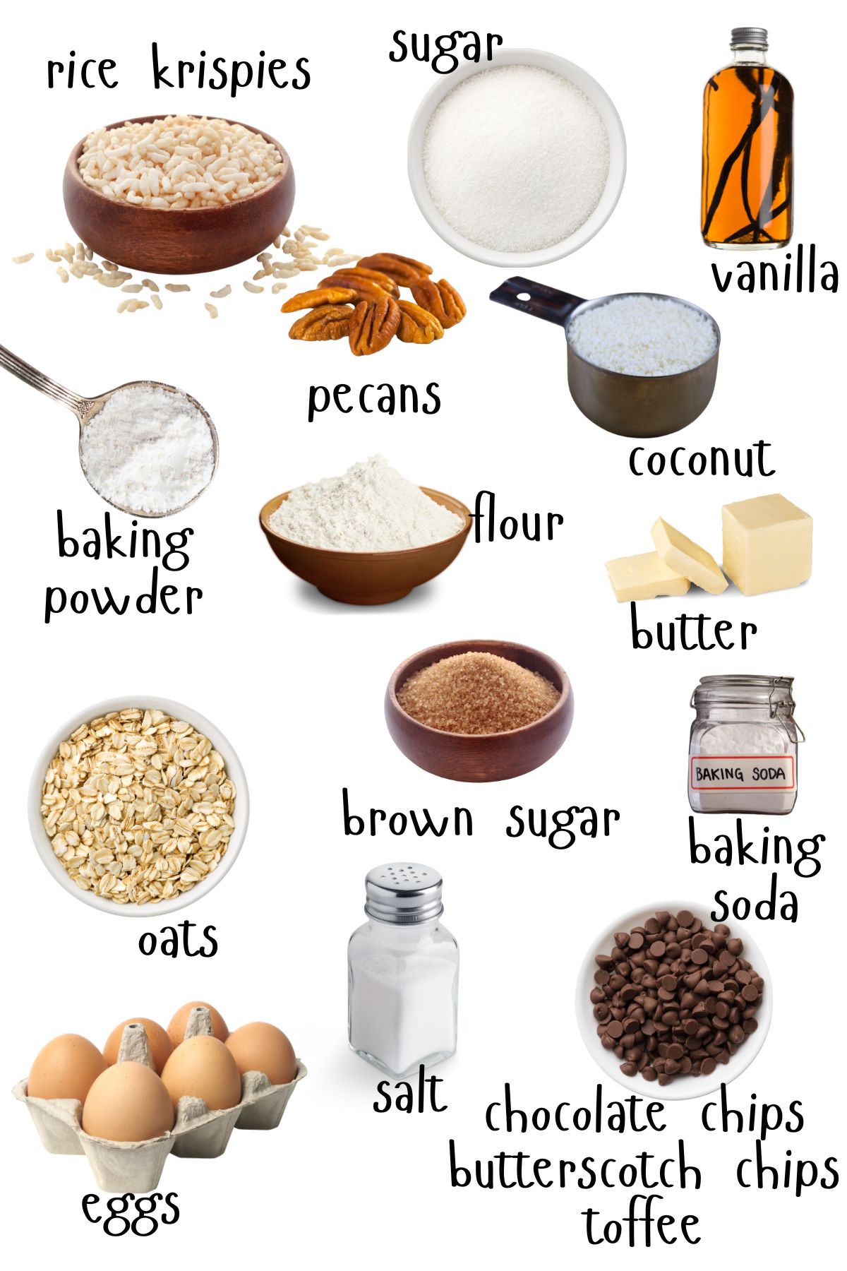Labled ingredients for Ranger Cookies on a white background.