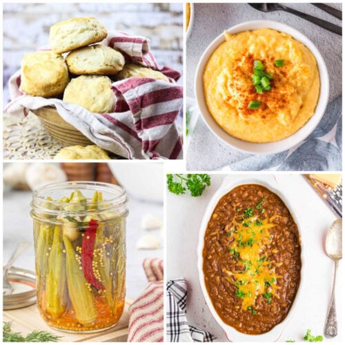 Collage of Texas side dishes including biscuits, cheese grits, beans, and pickled okra.