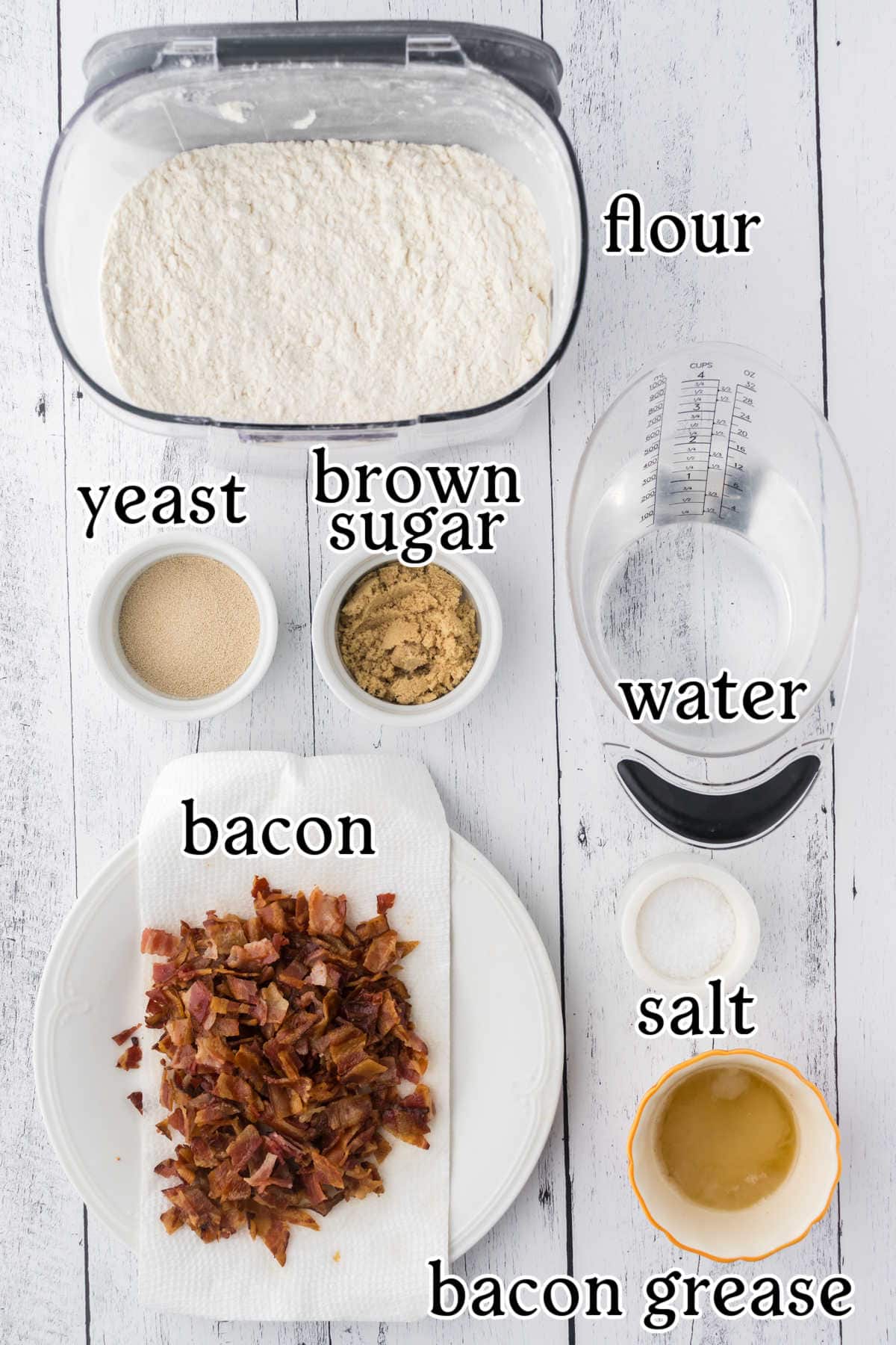 Labeled ingredients for bacon bread.