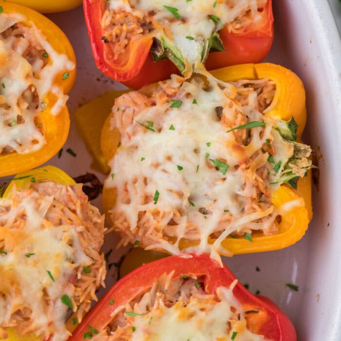 Overhead view of finished salsa chicken stuffed peppers.