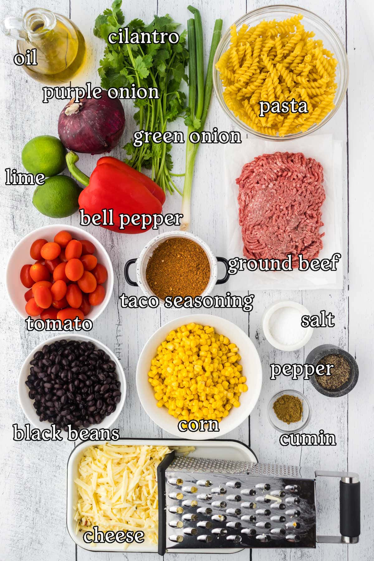 An overhead view of the recipe ingredients organized with text overlay.