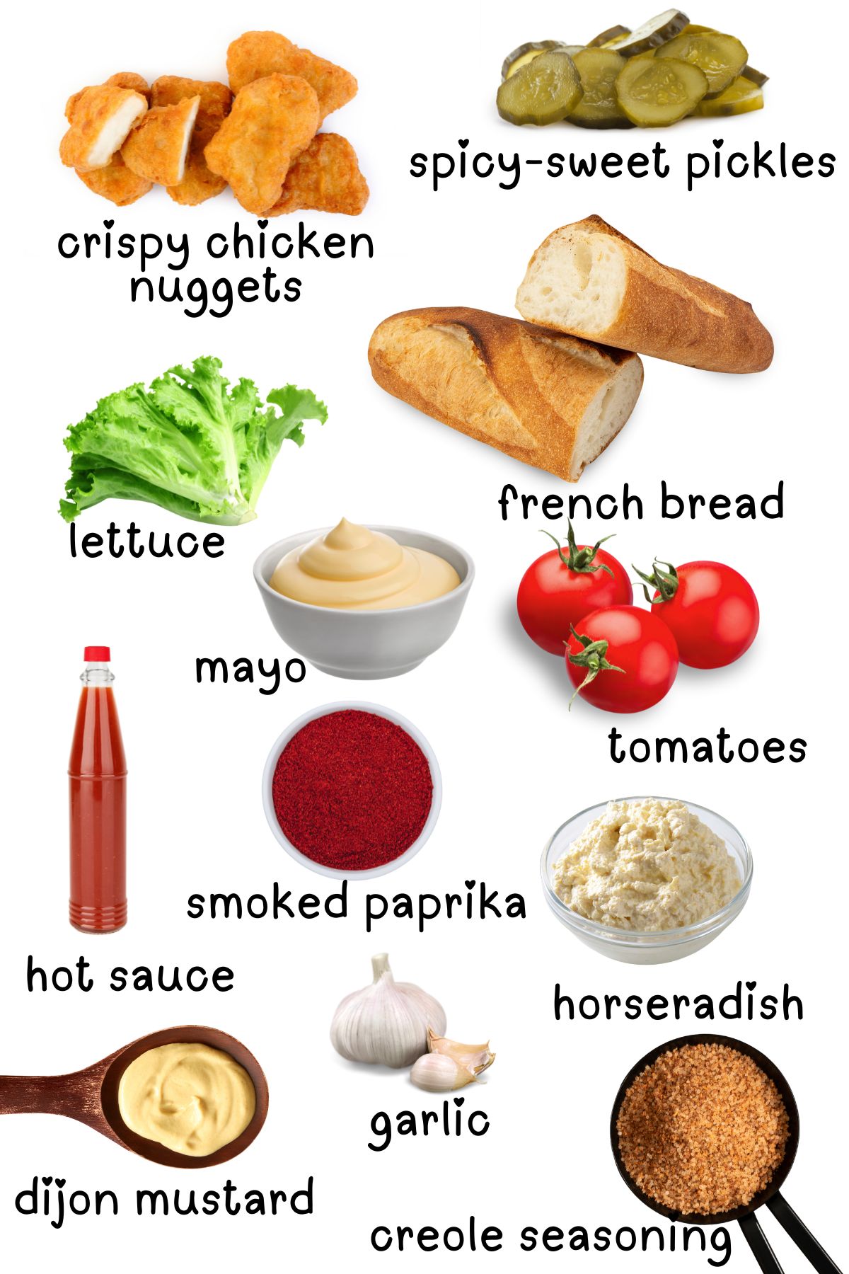 Labeled ingredients for chicken po' boy recipe.