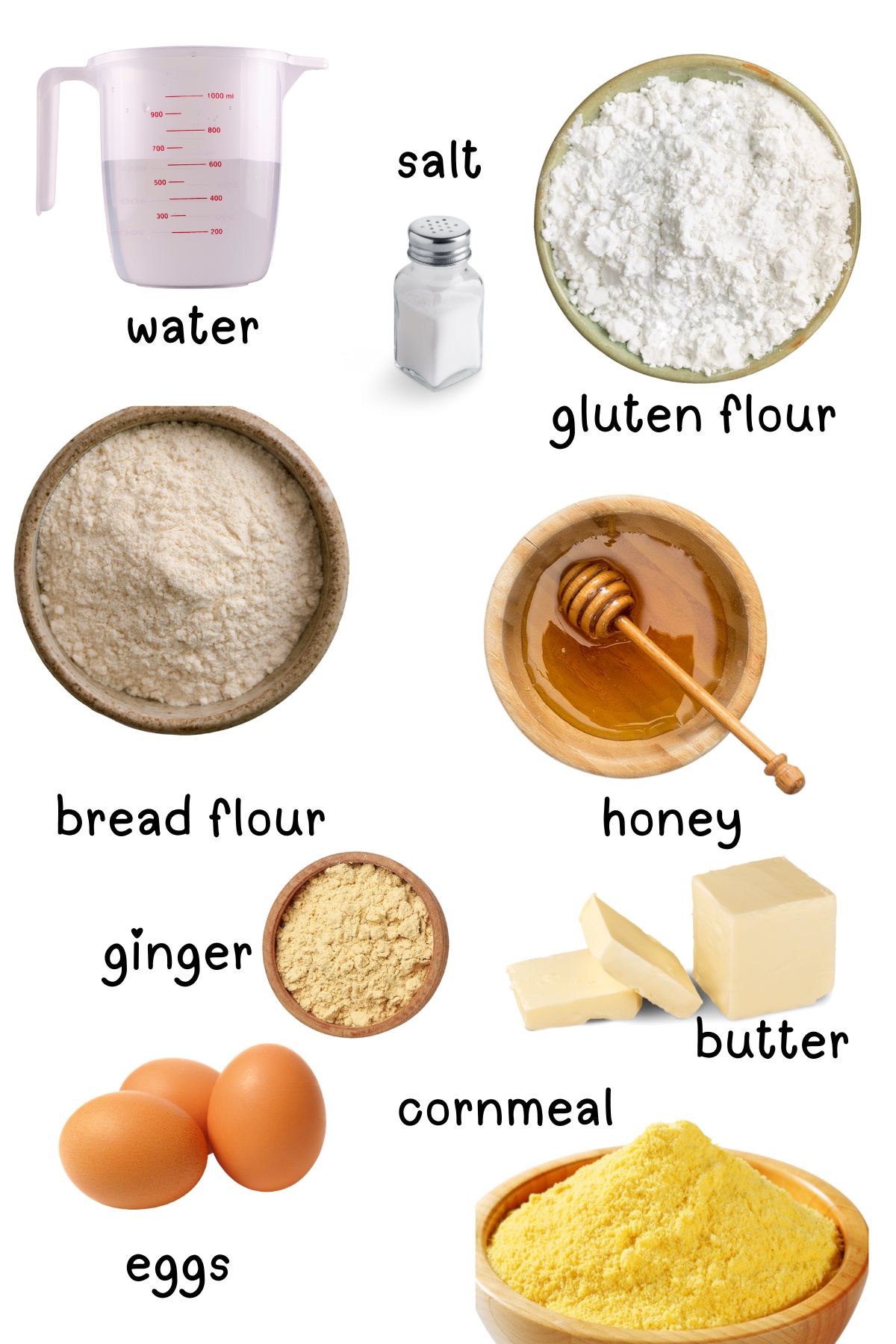 Labeled ingredients for cornmeal sandwich rolls.