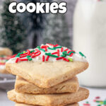 A stack of cookies on a plate with a title text overlay for Pinterest.