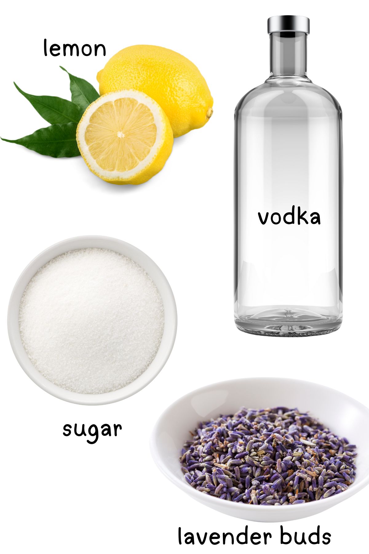 labeled ingredients for lavender lemonade cocktail.