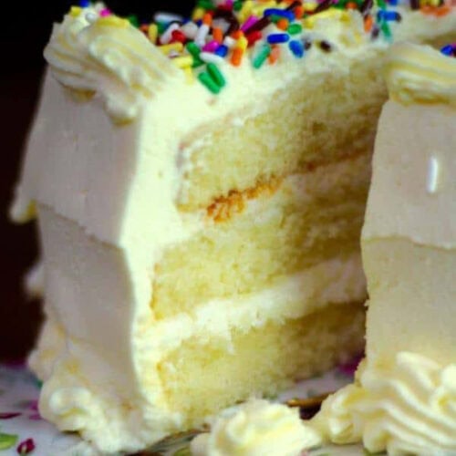 Closeup of a slice of lemon cake.