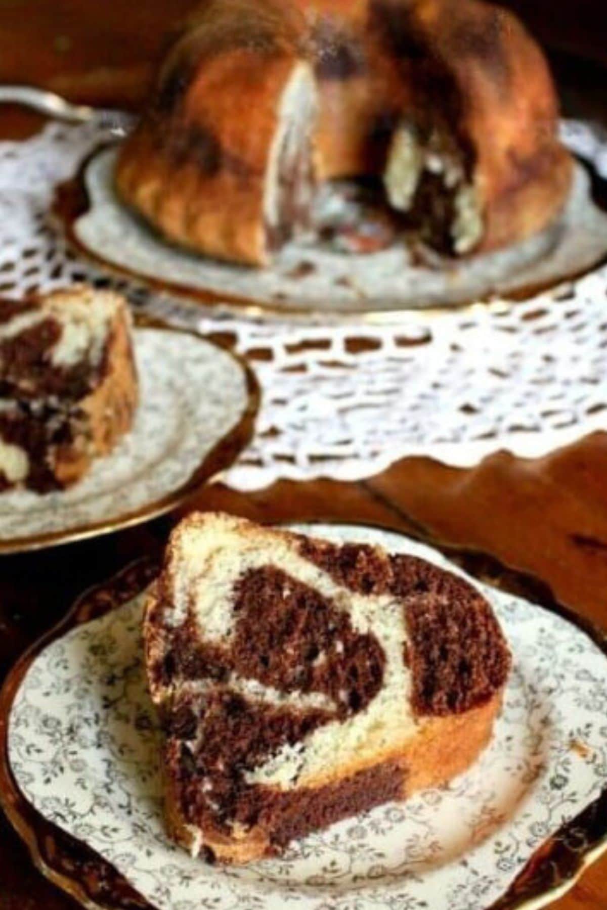Marble pound cake cut and served.