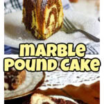 Collage of images of marble pound cake with title text overlay for Pinterest.