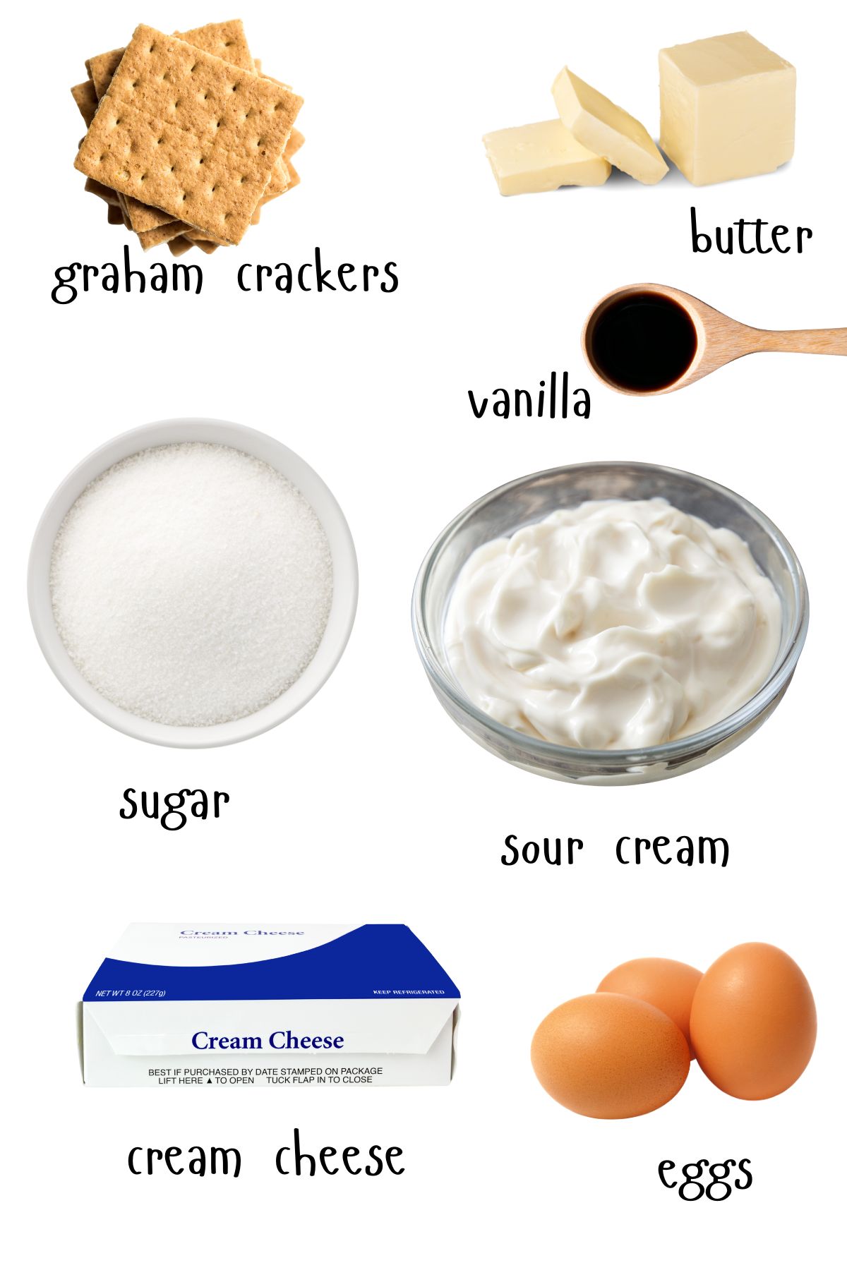 Labeled ingredients for cheesecake.