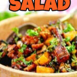 Closeup of a bowl of roasted sweet potato salad with title text overlay for Pinterest.