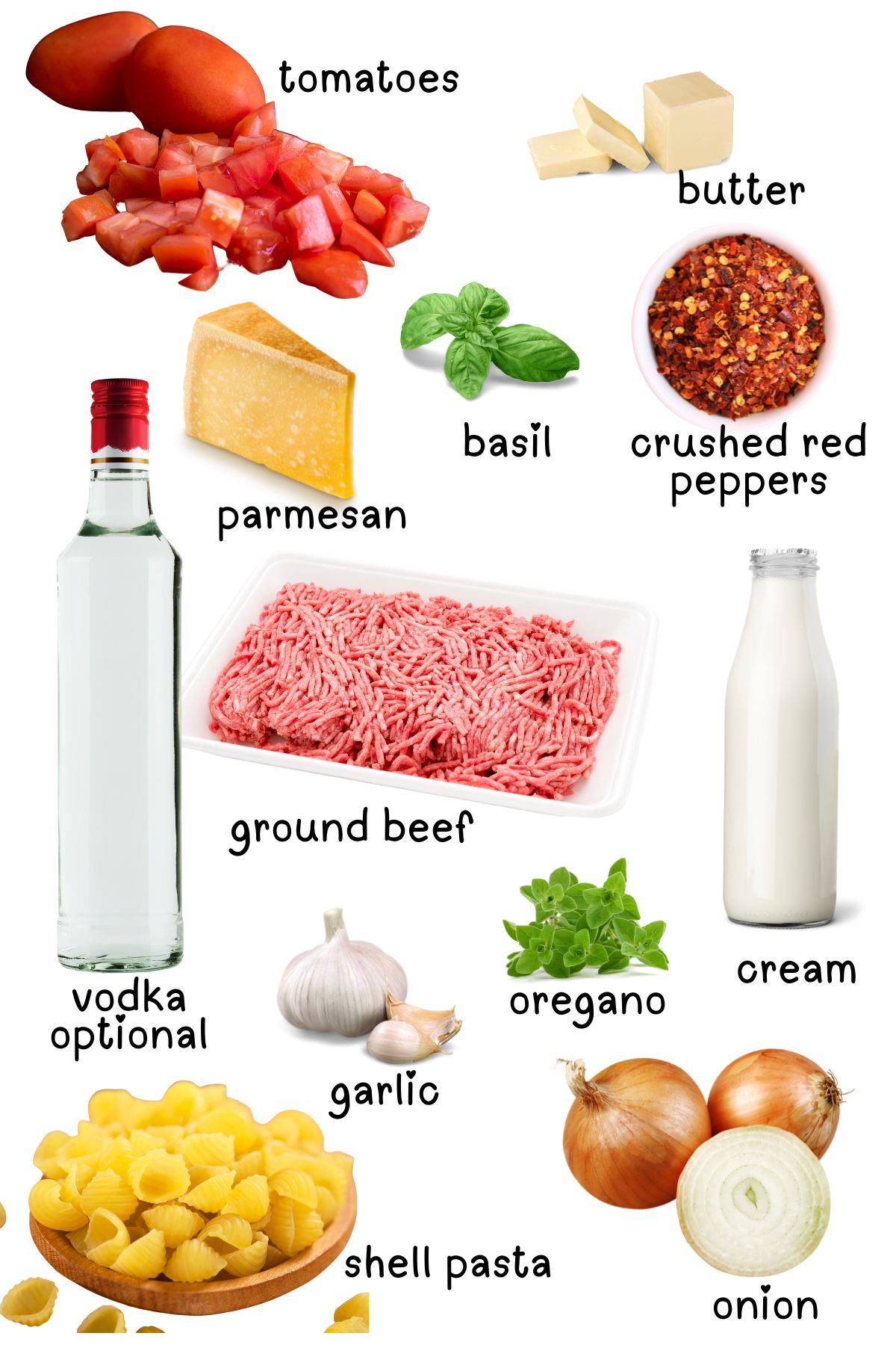 Labeled ingredients for shell pasta and ground beef with vodka sauce.
