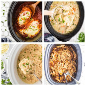 A collage of 4 slow cooker chicken dishes.