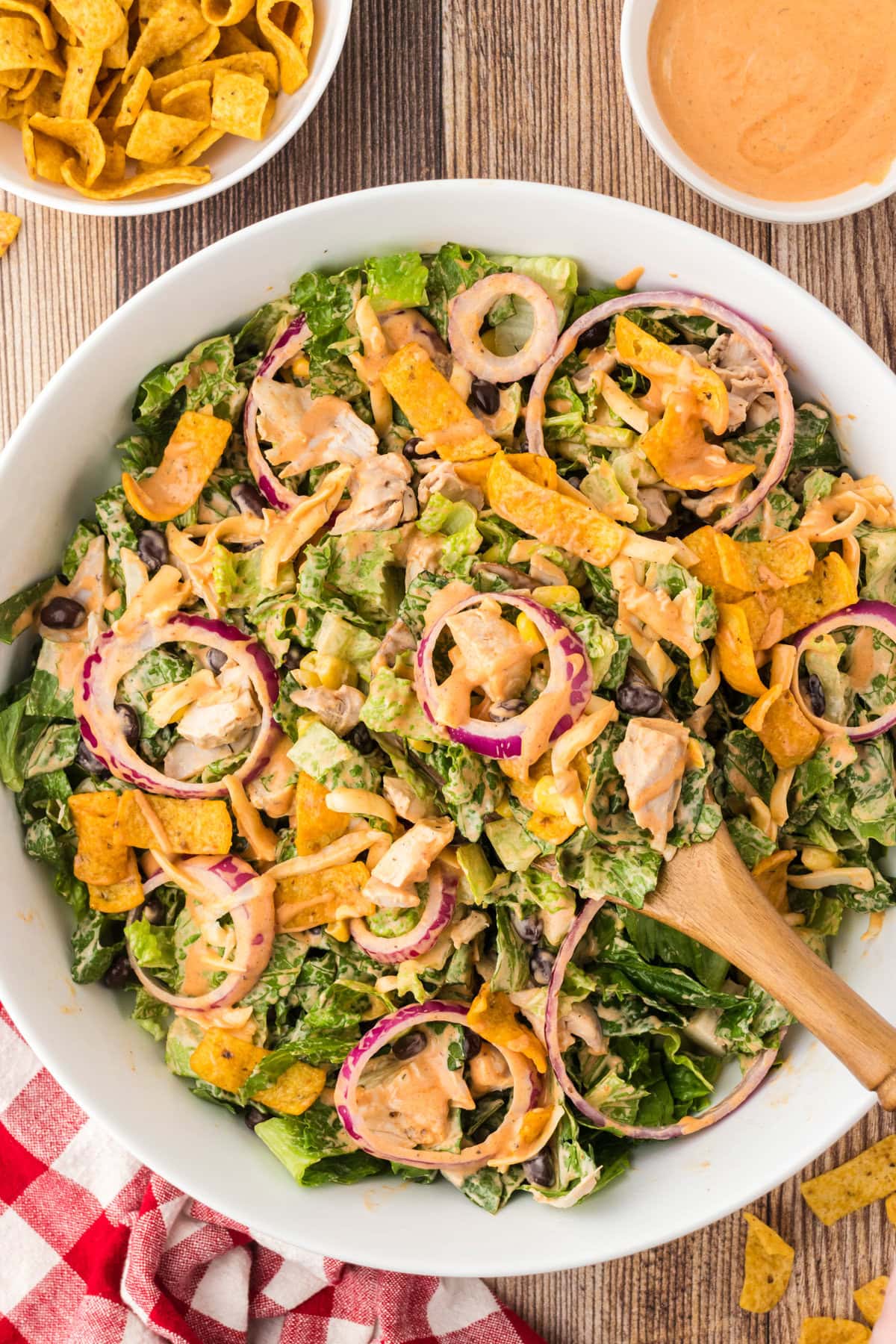 BBQ chicken salad in a serving bowl.