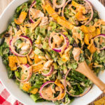 Overhead view of bbq chicken salad in a serving bowl