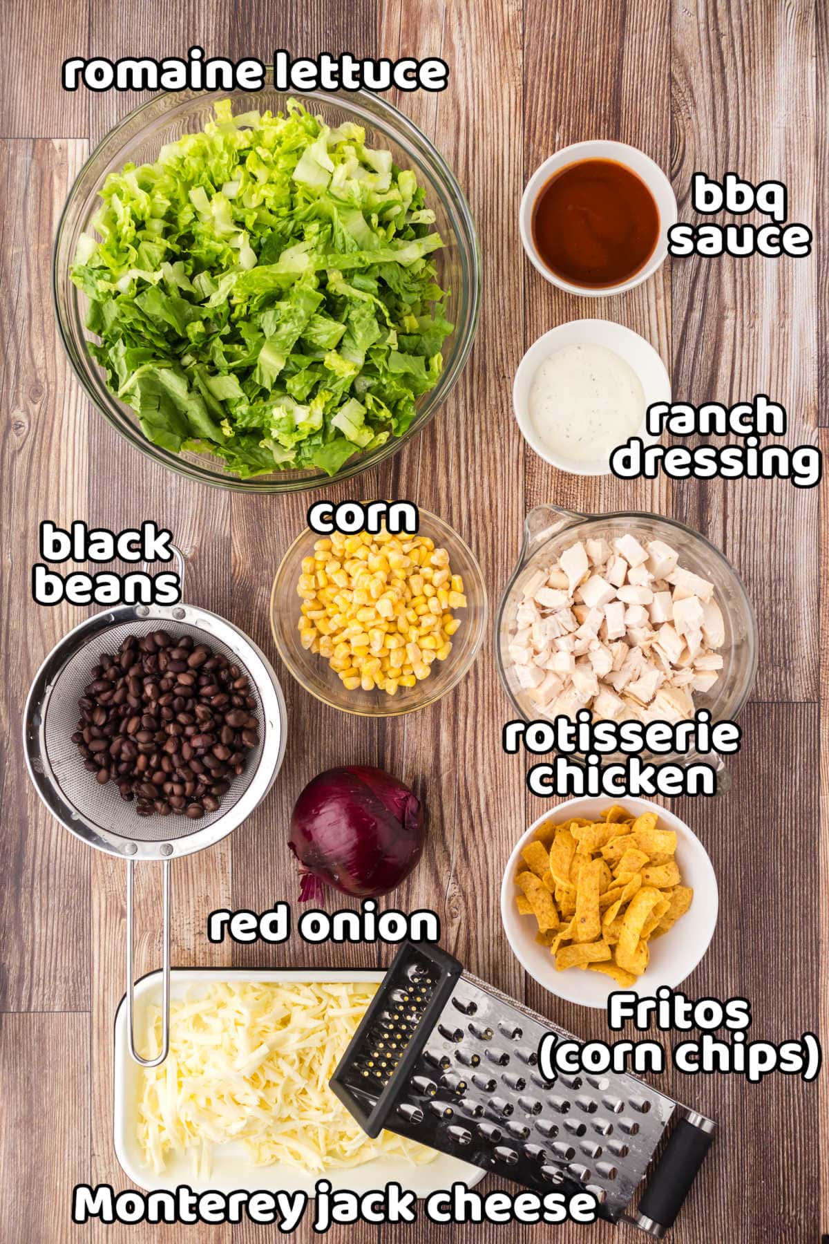 Labeled ingredients for bbq chicken salad.