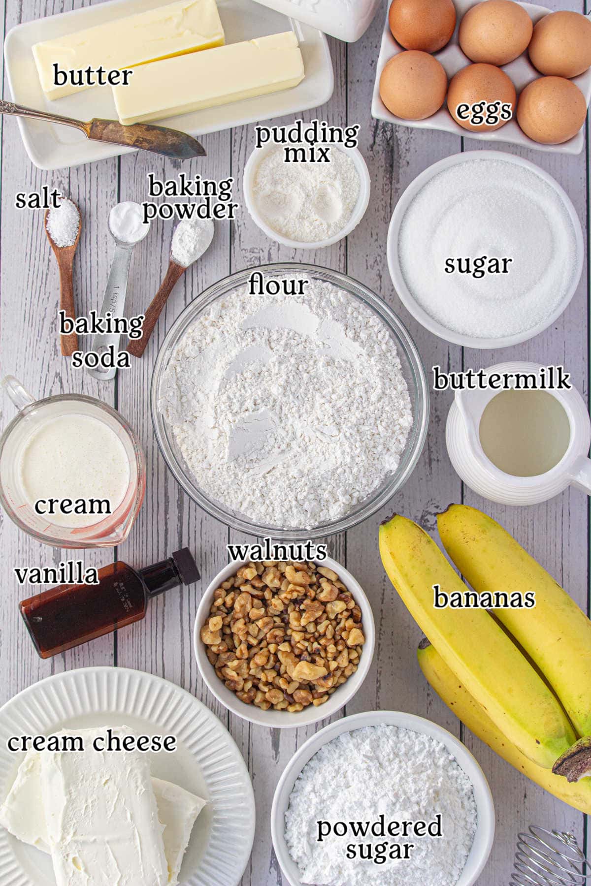 Labeled ingredients for this banana walnut cake recipe.